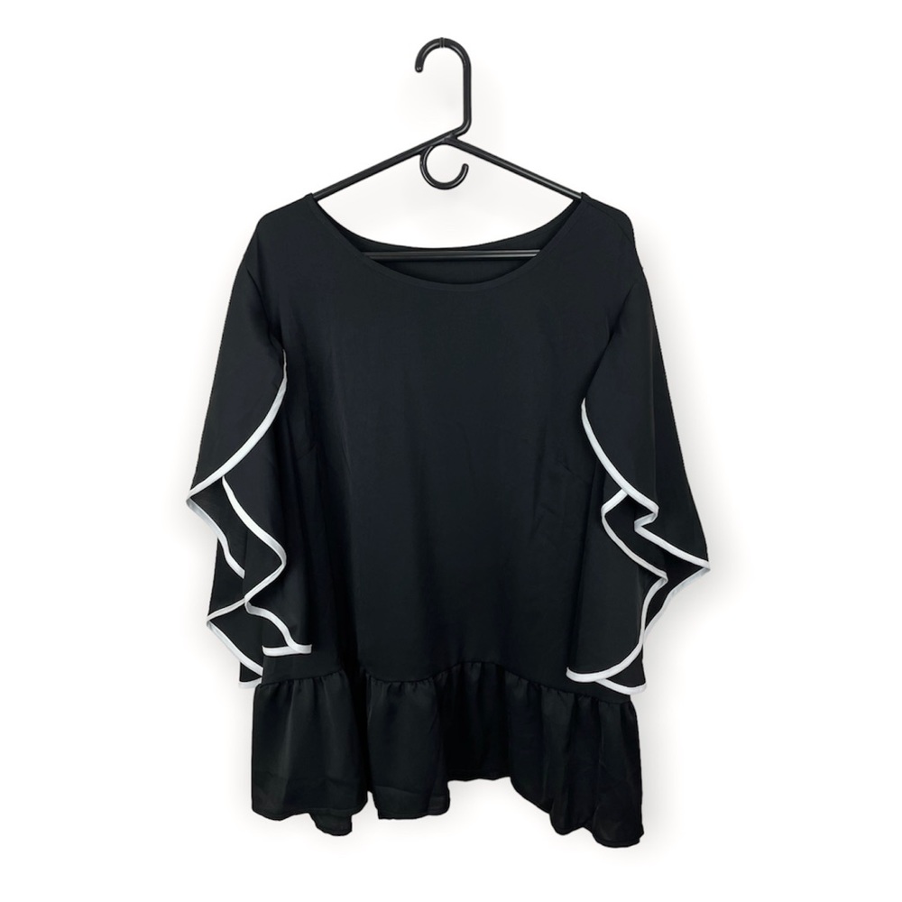 SHEIN Curve Women’s Peplum Blouse Top Ruffle Drape Sleeve White Trim Black 3XL